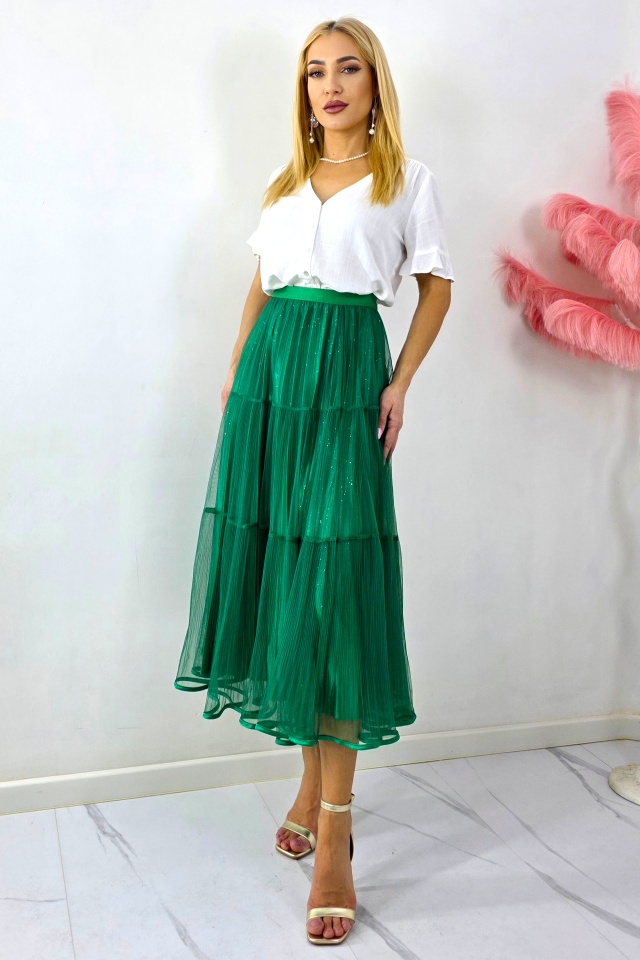 Fusta lunga cu doua fețe, LUNA, aspect plisat si tull, VERDE, Marime S/M/L