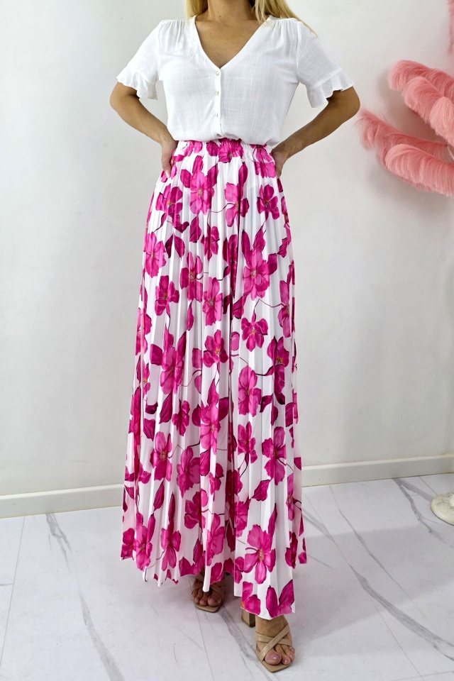 Fusta lunga de vara, plisata ALVINA cu imprimeu floral, Fucsia, Marime S/M