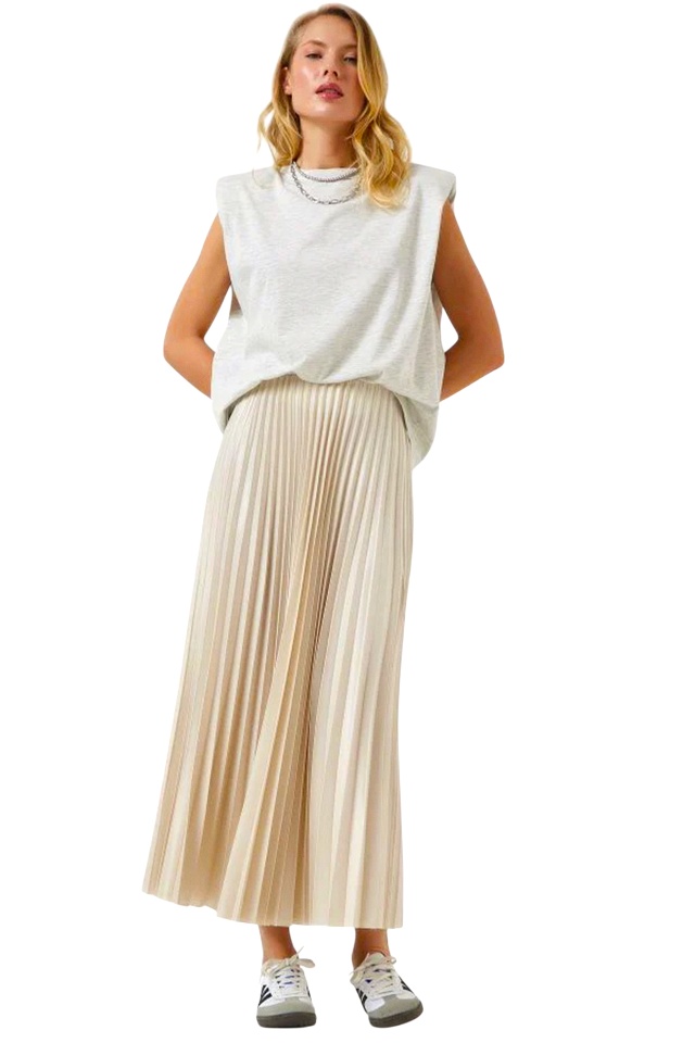 Fusta lunga plisata BRISEL, cu textura satinata, CREM - 3 | YEO