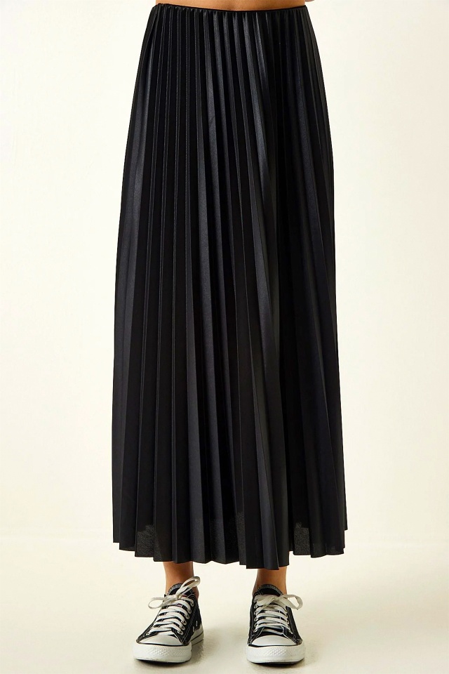 Fusta lunga plisata BRISEL, cu textura satinata, Negru - 3 | YEO