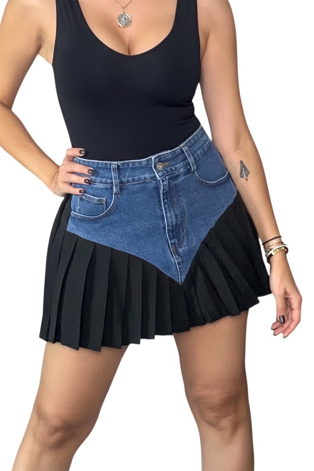 Fusta scurta cu denim Ylena, pliuri si buzunare, Negru/Albastru