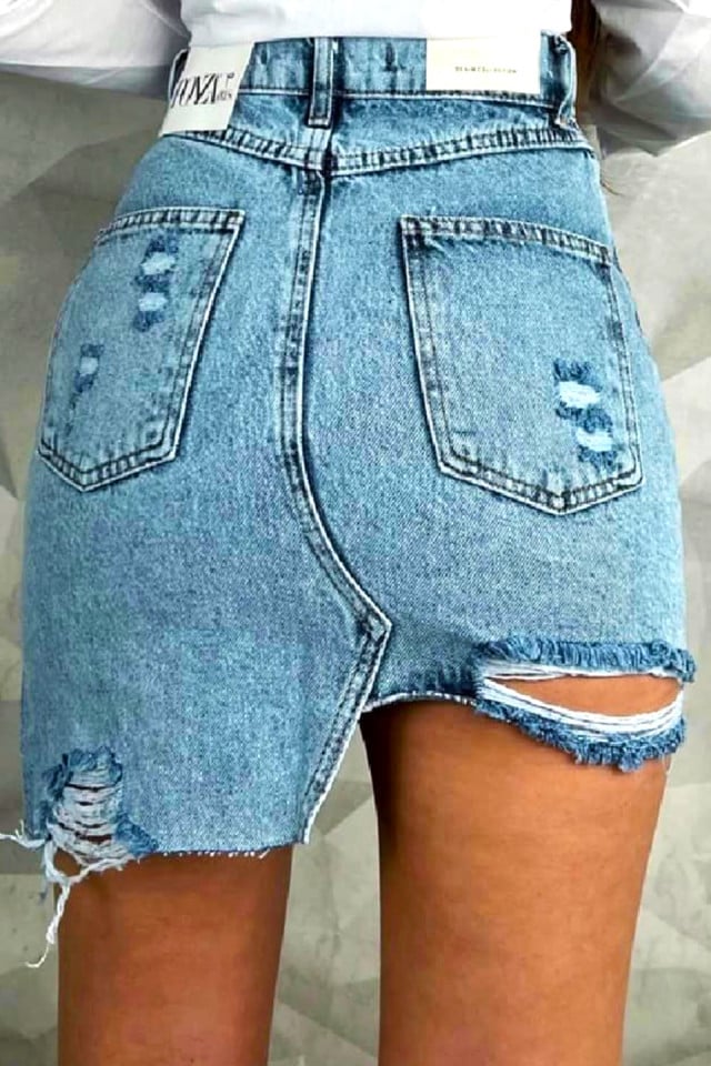 Fusta scurta denim Pathos, cu perforatii accentuate si croi asimetric, Albastru denim