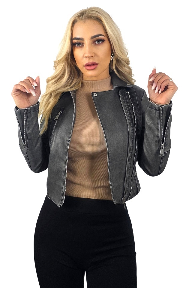 Geaca din piele ecologica VERRO, model biker cu inchidere laterala, GRI