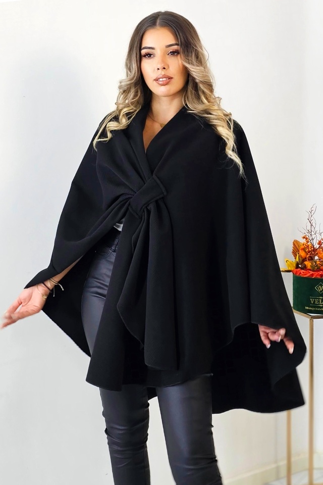 Jacheta dama tip poncho BelaRina, cu funda si croiala oversize, Negru, Marime universala - 3 | YEO