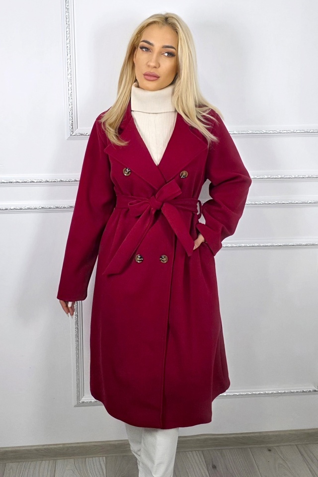 Palton de dama, midi Melanda, cordon detasabil si nasturi, Rosu grena, Marime S/M/L