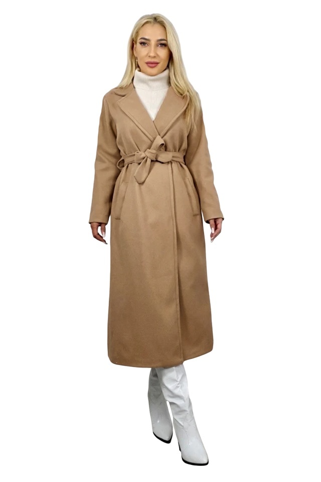 Palton lung Camilla, cu buzunare si cordon in talie, Bej, Marime S/M