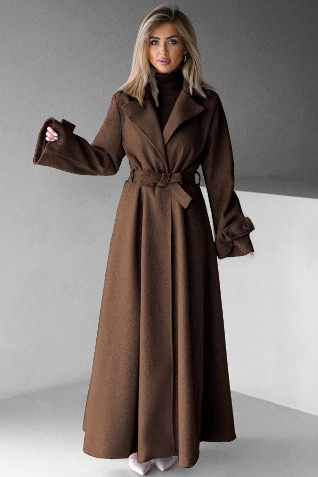 Palton lung cu nasturi Merina, falduri si cordon, Maro, Marime S/M