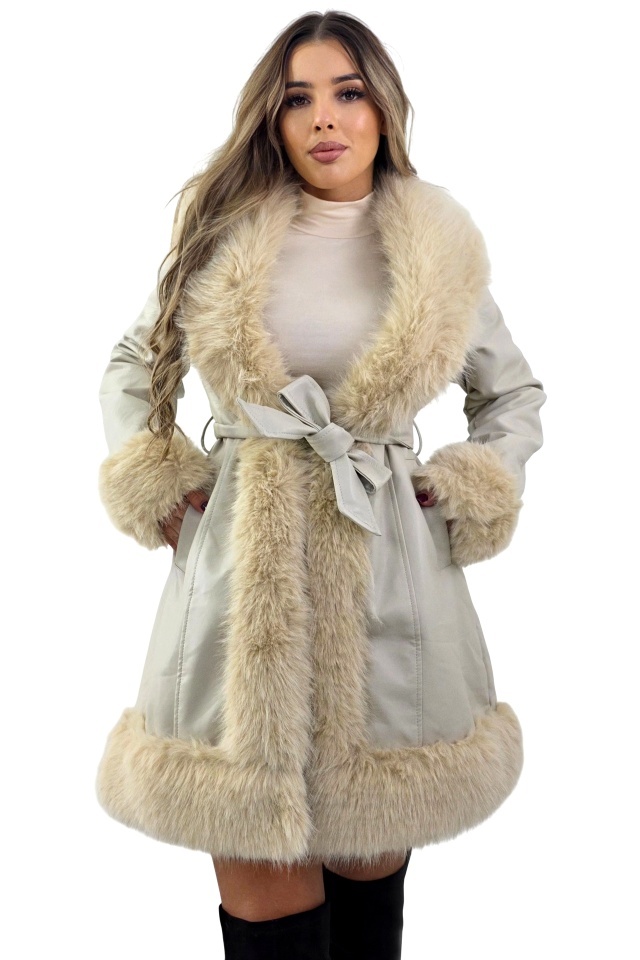 Palton piele ecologica CARMELL, cu cordon si interior imblanit, Crem