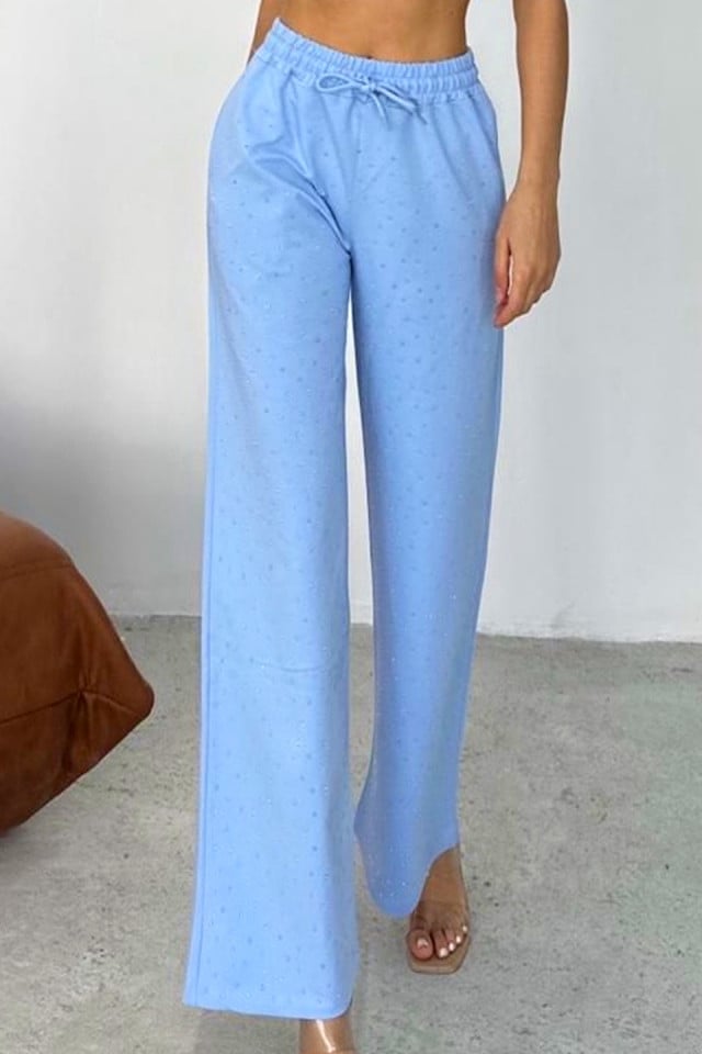 Pantaloni casual HIKE Glow, cu aplicatii tip strasuri si snur in talie, Albastru baby blue - 1 | YEO