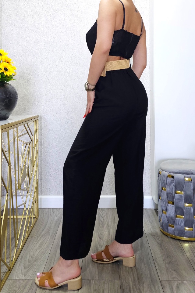Pantaloni casual SAFYA, material vaporos si curea inclusa, Negru, Marime S/M - 1 | YEO