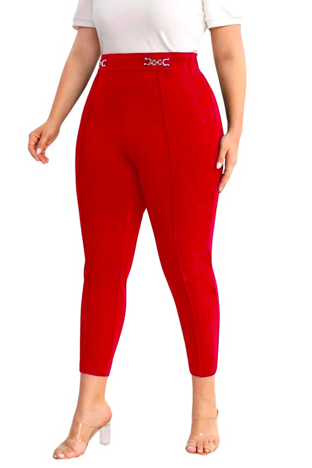 Pantaloni dama Larise, cu textura elastica si nervura pe crac, Rosu, Marimi Batal - 3 | YEO