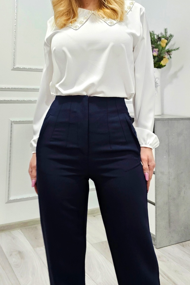 Pantaloni eleganti, ChicMe, croiala conica si buzunare decorative, Bleumarin - 2 | YEO