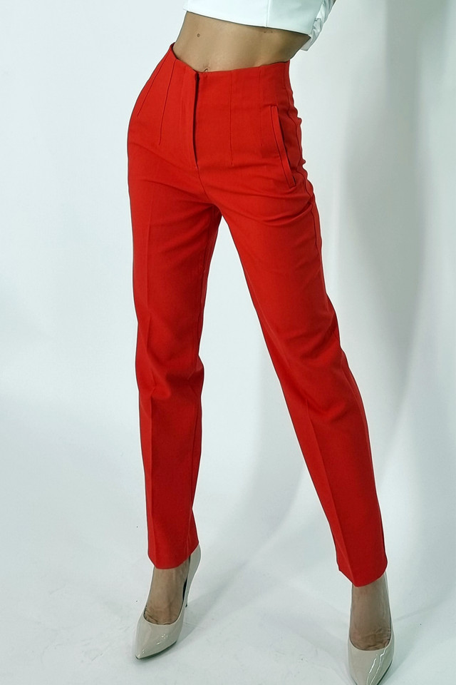 Pantaloni eleganti, ChicMe, cu talie inalta, Rosu - 4 | YEO