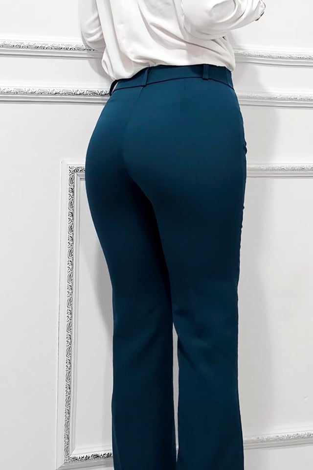 Pantaloni eleganti, Katte, croiala slim evazata si talie inalta, Verde petrol - 3 | YEO