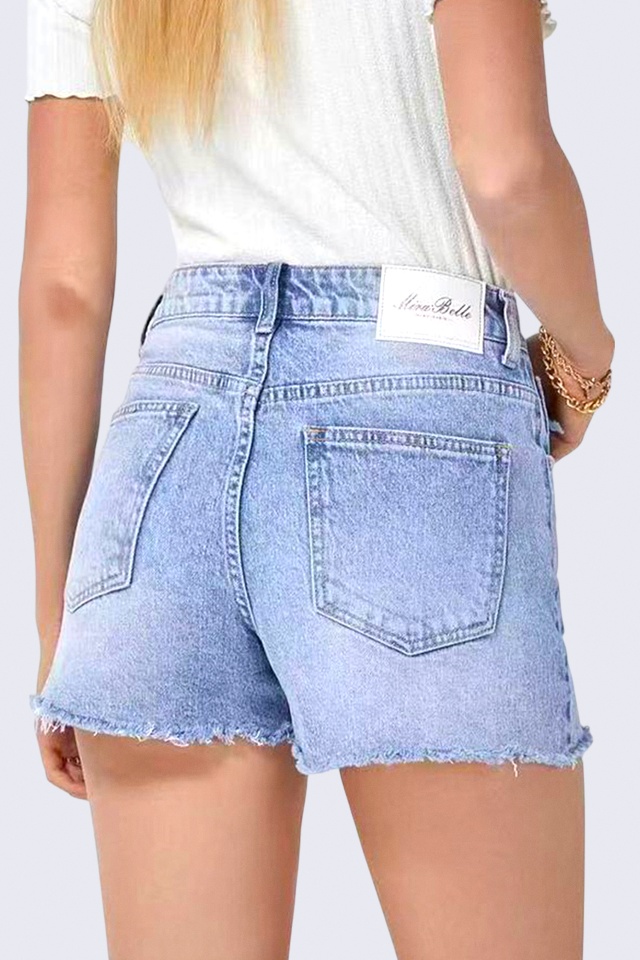 Pantaloni scurti de blugi Aura, cu talie inalta si perforatii ample, Albastru deschis - 2 | YEO