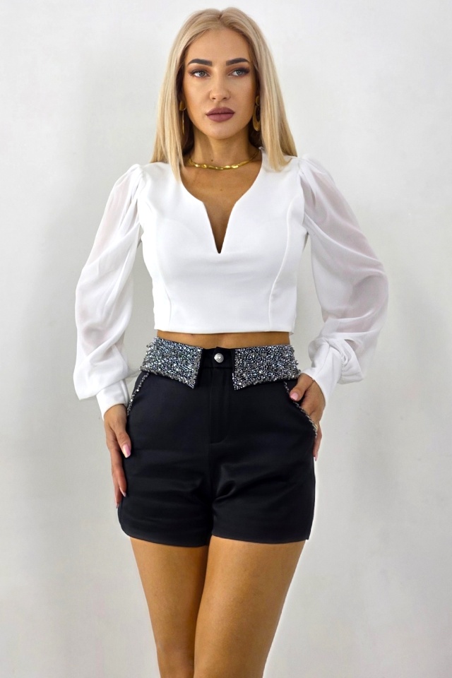 Pantaloni scurti eleganti MAVY, accesorizati cu cristale si detalii artizanale, Negru Pantaloni scurti eleganti MAVY, accesorizati cu cristale si detalii artizanale, Negru