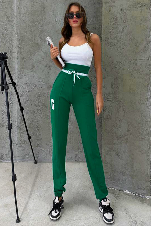 Pantaloni sport Frank, cu snur stilizat, logo si talie elastica oversize, Verde