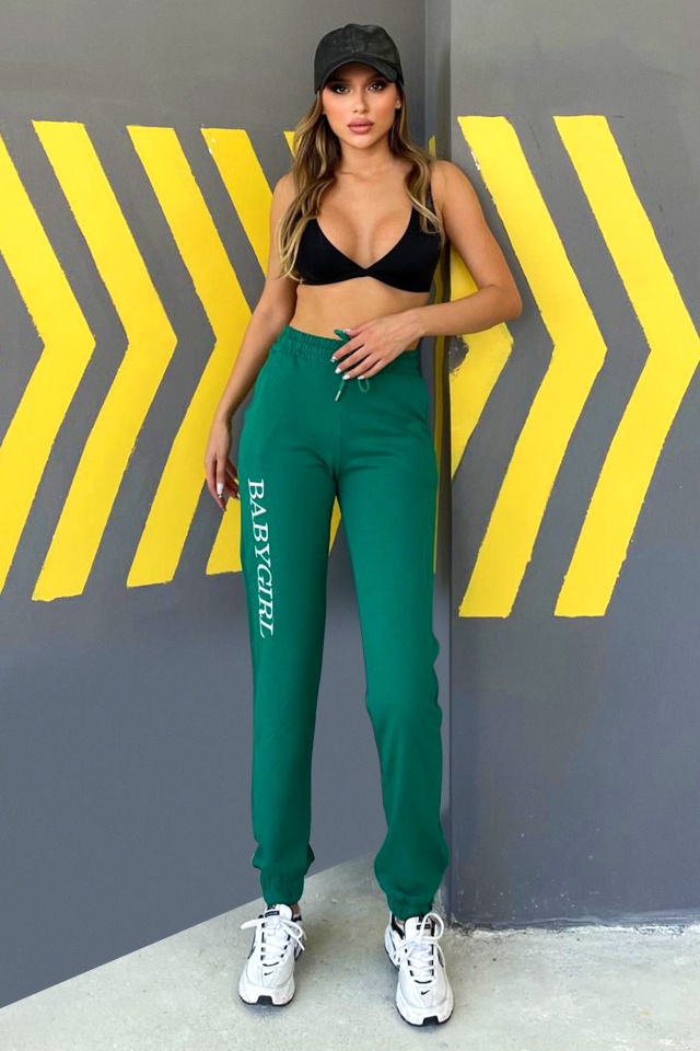 Pantaloni sport ISSA BabyGirl, cu imprimeu si banda elastica, Verde