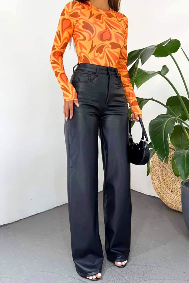 Pantaloni Starry, din piele ecologica, cu buzunare si croi Large, Negru