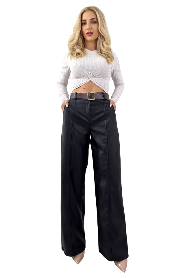 Pantaloni vatuiti Leonis, din piele ecologica, cu buzunare si curea asortata, Negru, Marime S/M