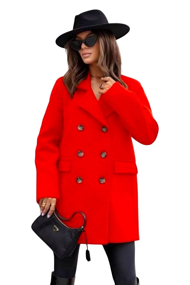 Pardesiu cu nasturi Adriana, croi oversize si revere scurte, Rosu, OneSize S/M/L/XL