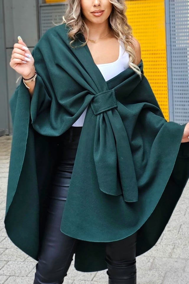 Pelerina oversize BelaRina, cu prindere petrecuta si textura rib, Verde inchis, Marime universala - 2 | YEO