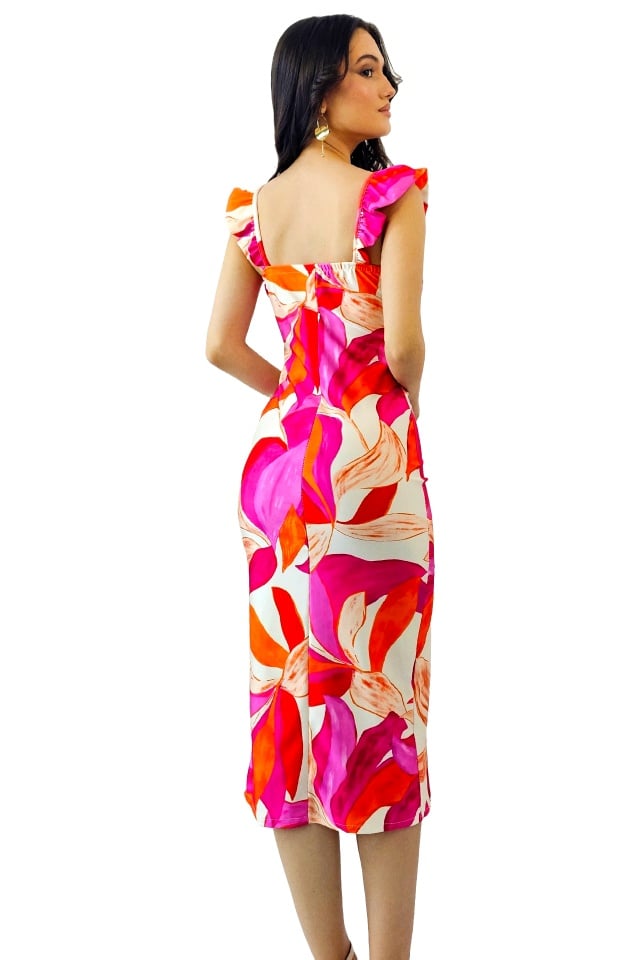 Rochie bodycon Ditsy, sliț adanc si imprimeu floral, Alb/Fucsia, Marime S/M