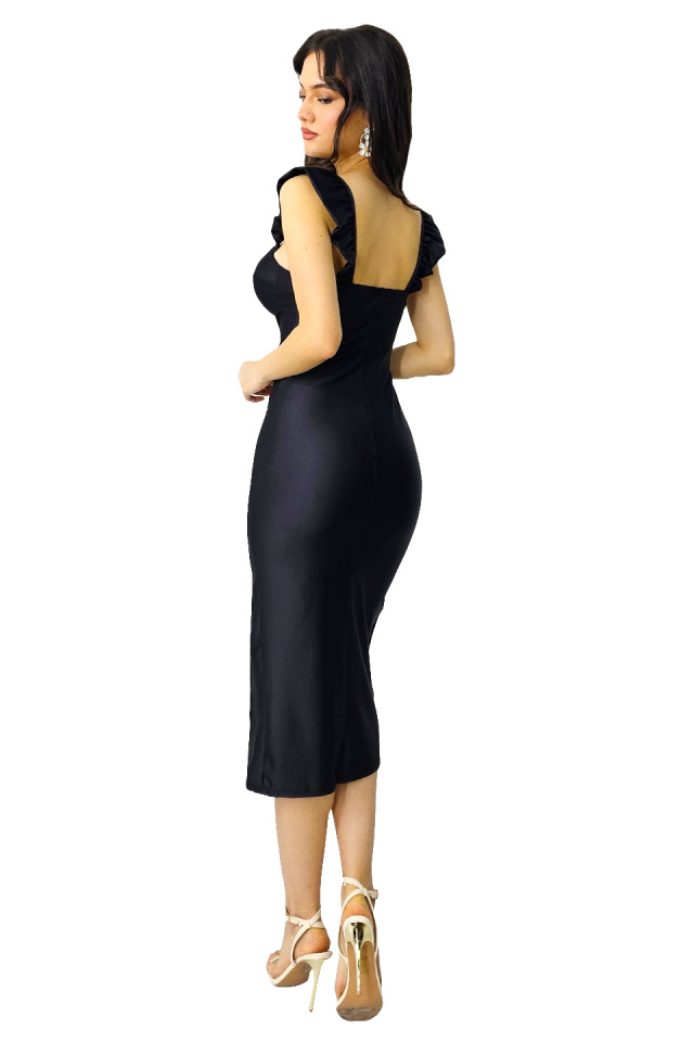 Rochie bodycon Ditsy, slit adanc si imprimeu uni, Negru, Marime S/M