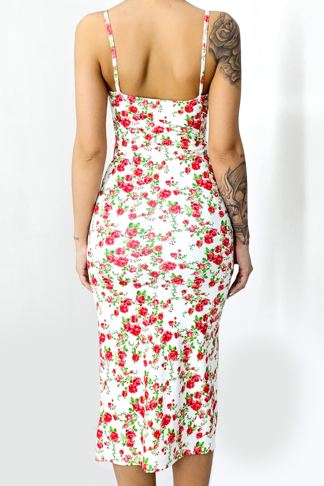 Rochie bodycon Drosera, cu dantela si imprimeu floral, Alb/Rosu, Marime S/M