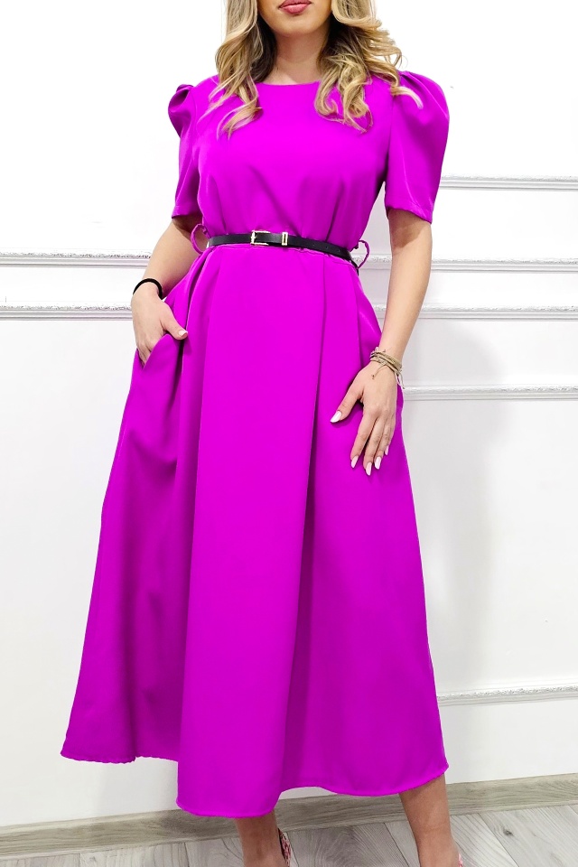 Rochie cu buzunare SOREYA, maneca bufanta si curea in ton, Fucsia Uni, Marimea S/M - 3 | YEO
