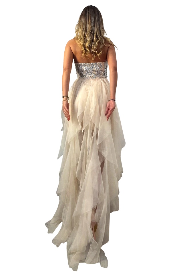 Rochie cu pene de strut PRAM Party, cu trena si paiete artizanale, Crem