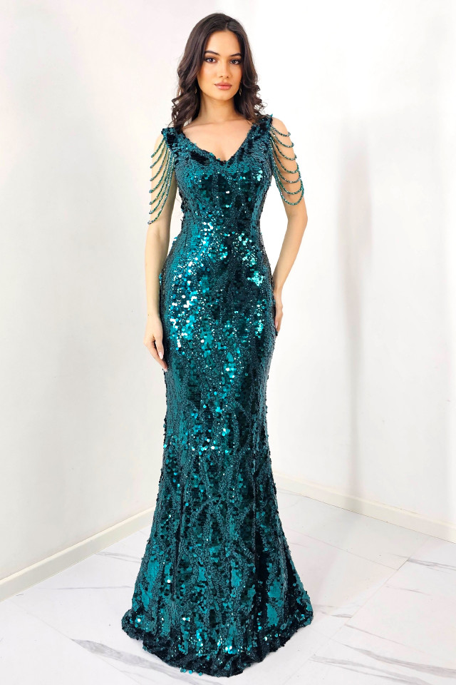 Rochie de eveniment Majestic, cu paiete, cristale si croiala tip sirena, Verde marin