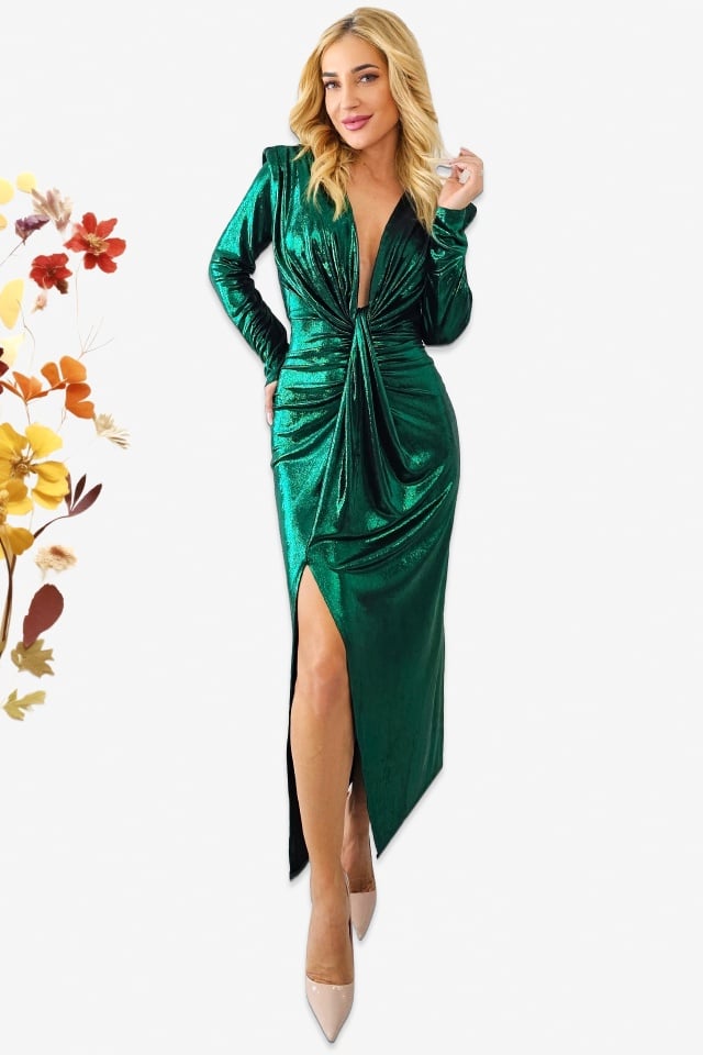 Rochie de ocazie Julietta, cu falduri si crapatura pe picior, Verde Metalizat, Marime S/M