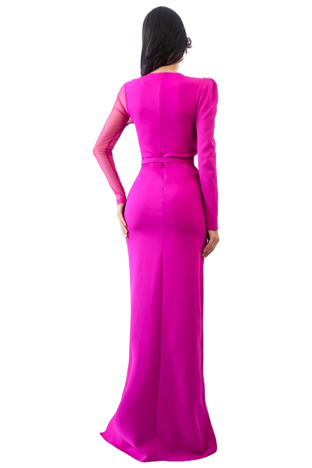 Rochie de ocazie Patricia, cu maneca lunga si detalii din tull, Fucsia