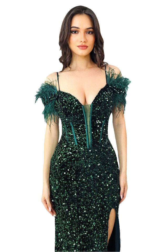 Rochie de seara Lady Marry, croi tip sirena, cu paiete si pene, Verde inchis - 1 | YEO