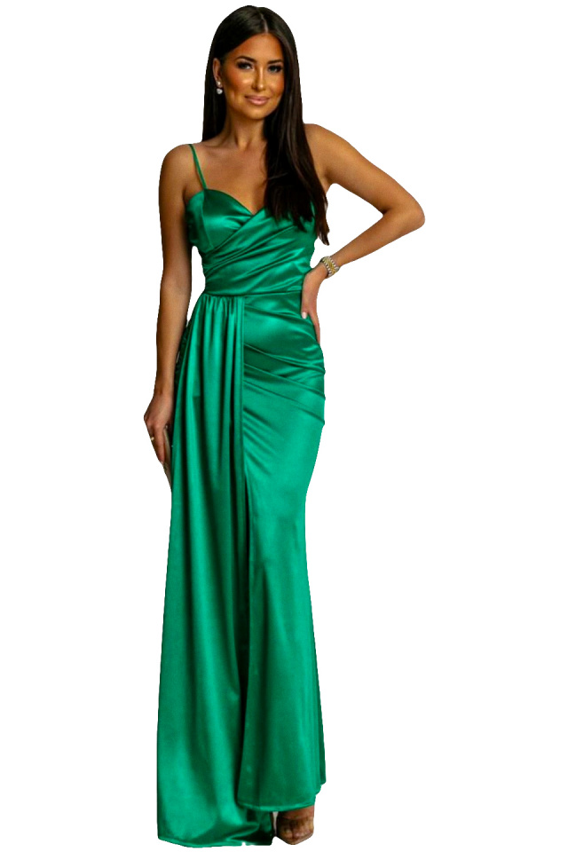 Rochie de seara satinata, OLyna, cu crapatura ampla si fald lateral, Verde, Marime S/M