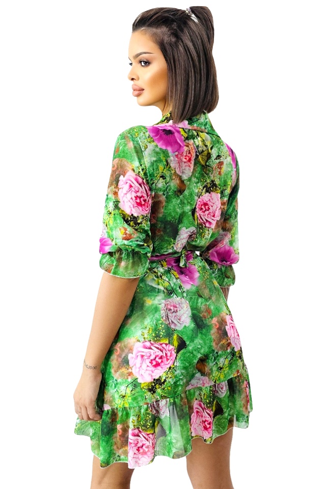 Rochie de vara Kasiana, cu maneca trei sferturi si imprimeu floral, Verde Bujor, Marime S/M/L