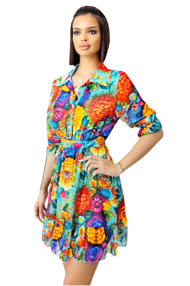 Rochie de vara Kasiana, cu maneca trei sferturi si imprimeu floral, Turquoise Dahlia, Marime S/M/L