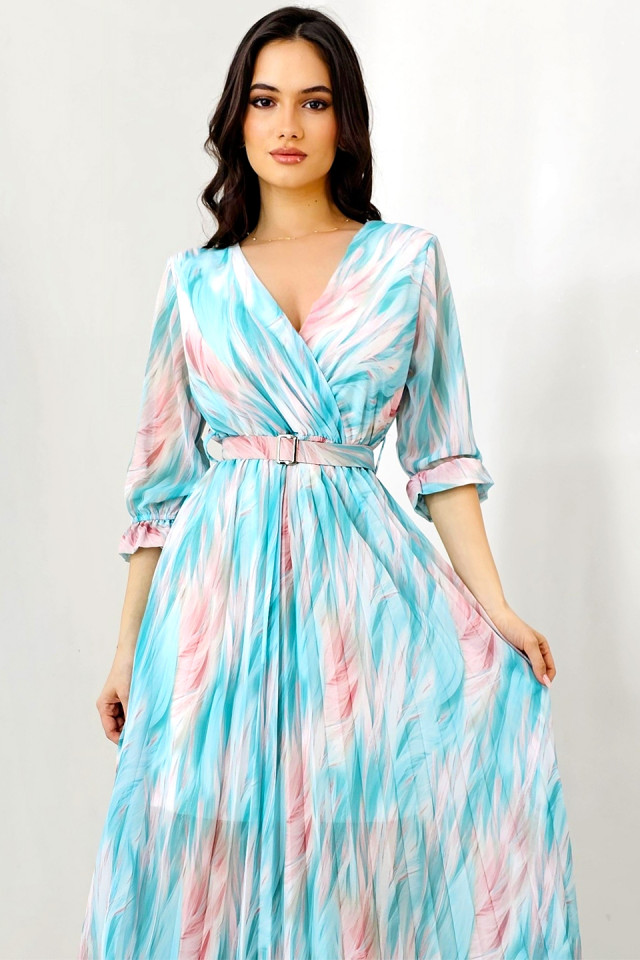 Rochie de zi Fatima, croiala plisata si imprimeu pastelat, Turquoise, Marime S/M - 3 | YEO