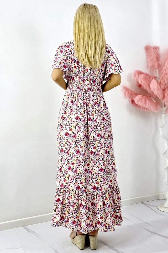 Rochie de zi Mandinga, din bumbac, cu imprimeu floral, Rosu Petunia