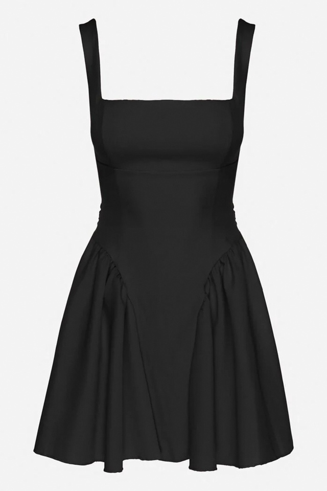 Rochie de zi MARA, cu funda la spate si croi babydoll, Negru, Marime S/M/L