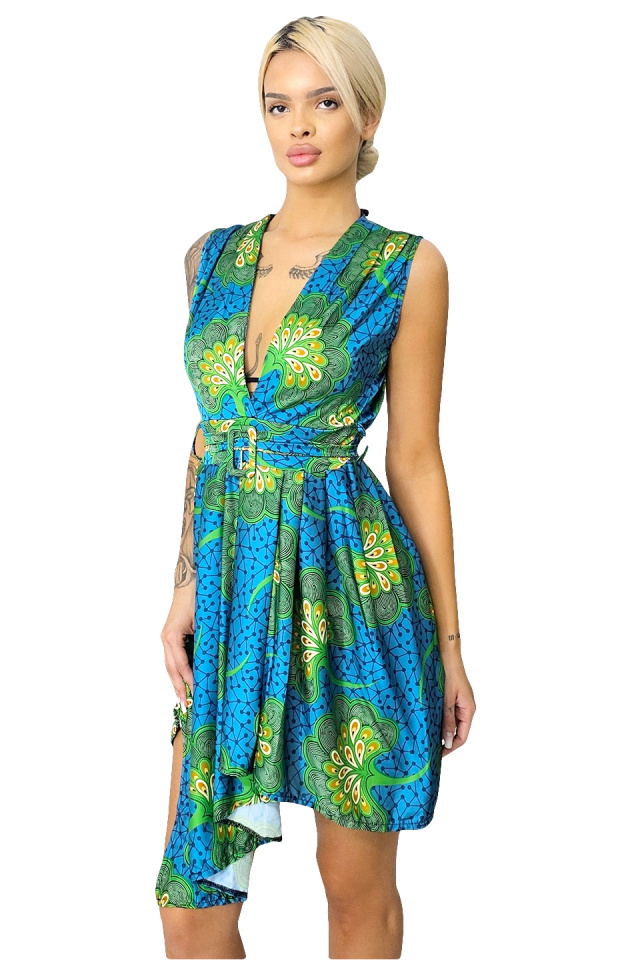 Rochie de zi Matilda, croiala asimetrica si cordon in talie, Peacock, Marime S/M