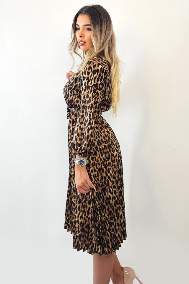 Rochie de zi plisata LUSINDA, cu animal print si curea, Leopard, Marime S/M