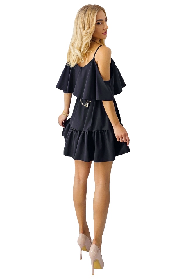 Rochie de zi StefANA, croiala scurta, decupata, cu volane, Negru, Marime S/M/L