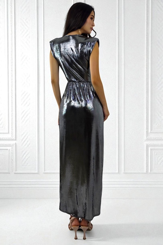 Rochie eleganta cu aspect metalic Demetra si accesoriu chic, Argintiu, Marime S/M - 1 | YEO