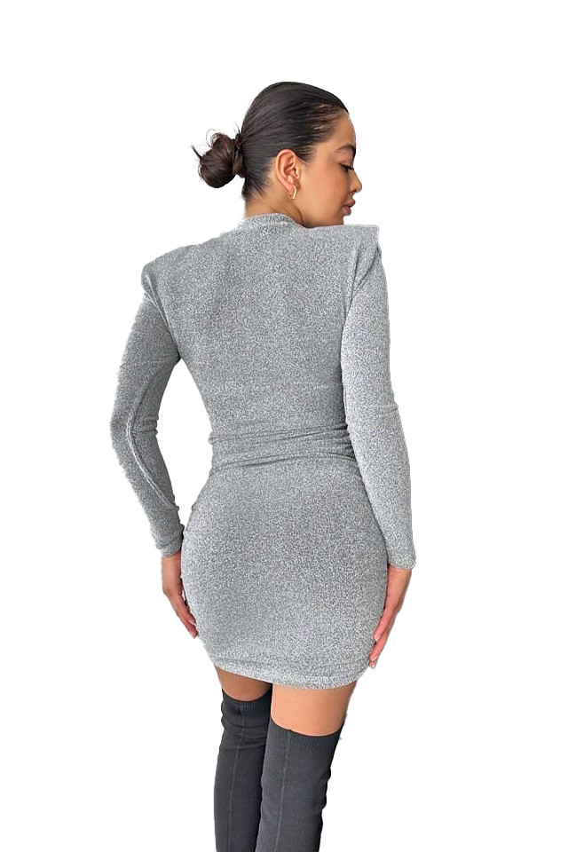 Rochie eleganta MiraBELL, bodycon si croi cu umeri supradimensionati, Argintiu