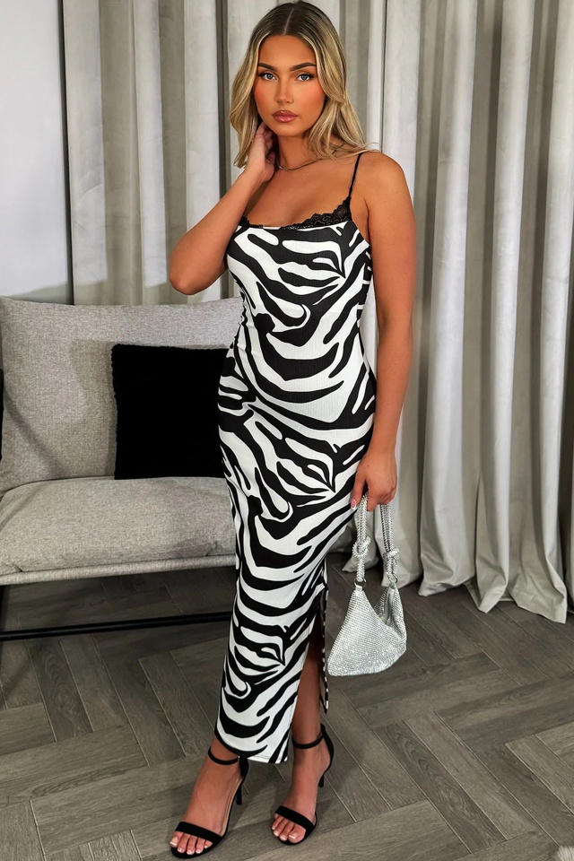 Rochie eleganta SUAVE, imprimeu animal print si insertii cu dantela, Zebra, Marime S/M