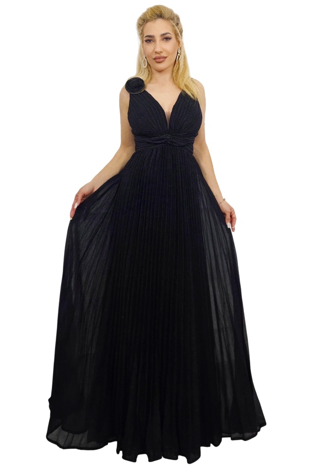 Rochie eveniment AZARIA, cu detaliu floral si croiala empire, Negru