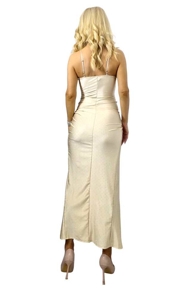 Rochie lunga cu corset, YUMI, cristale si bretele reglabile, Crem, Marime S/M