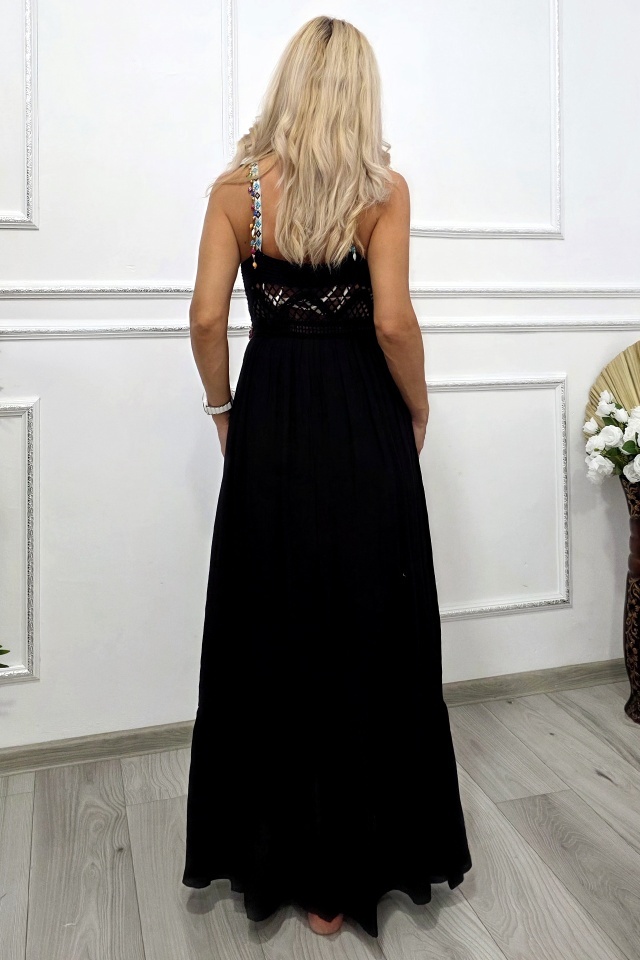 Rochie lunga de plaja TWINA, cu aspect crosetat si margele, Negru - 1 | YEO